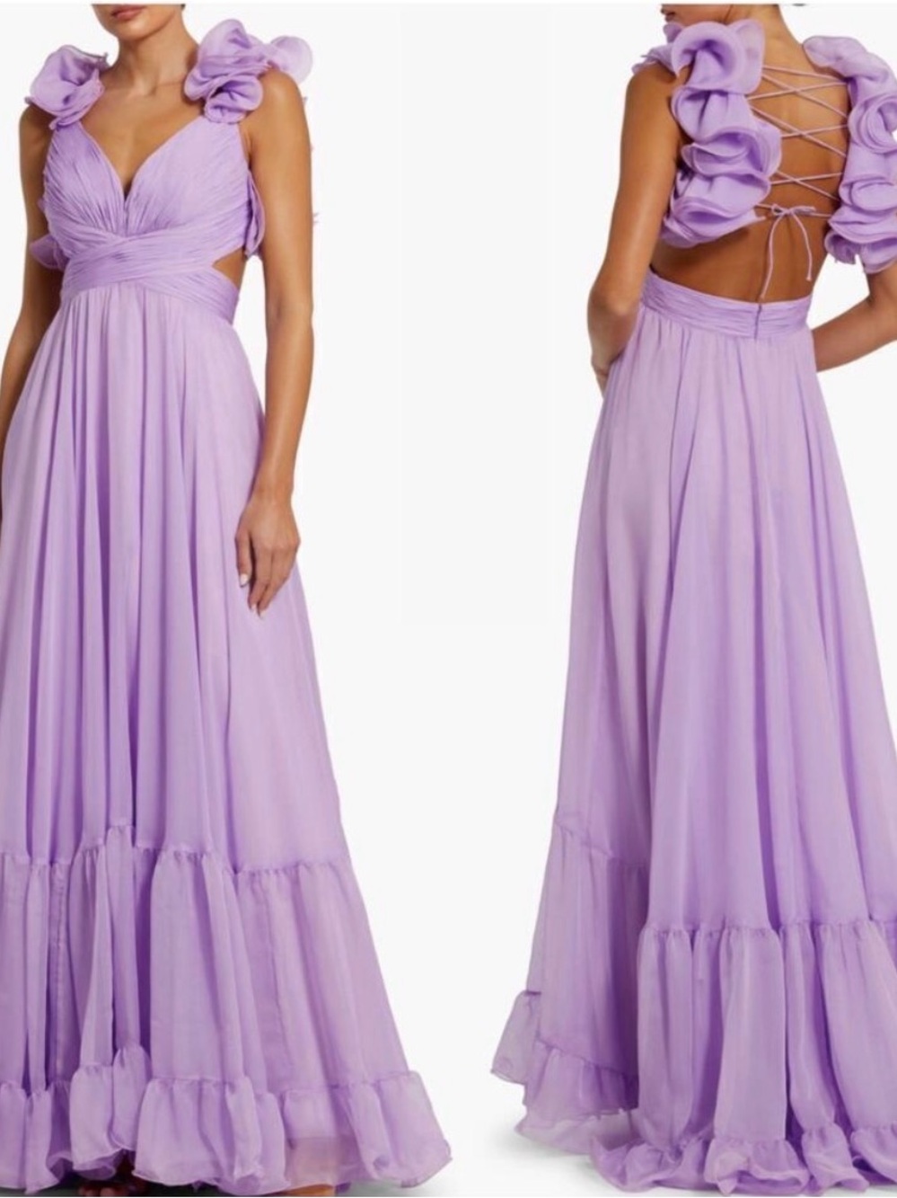 Mac Duggal Lavender Ruffle-Sleeve Maxi Dress